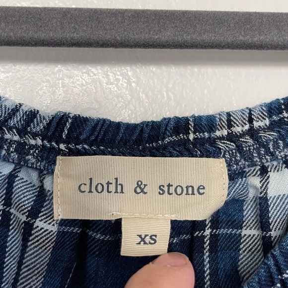 Anthropologie Cloth & Stone Blue Plaid Off The Shoulder Top - Picture 6 of 7
